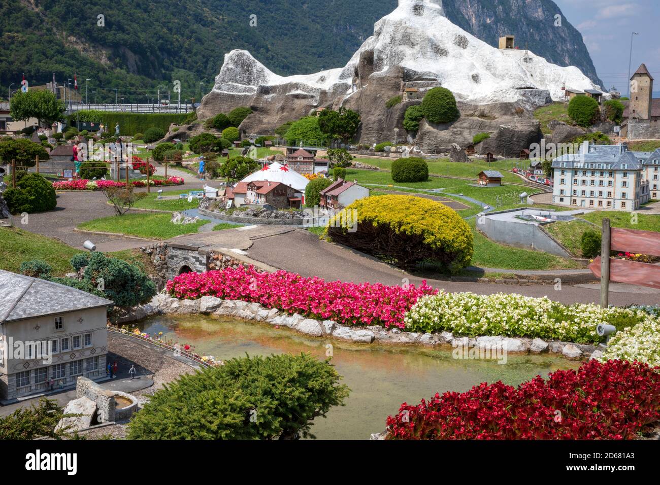 Vue sur Swissminiatur, parc miniature en plein air situé à Melide, sur les rives du lac de Lugano, Melide, Lugano, Suisse, Europe. Banque D'Images