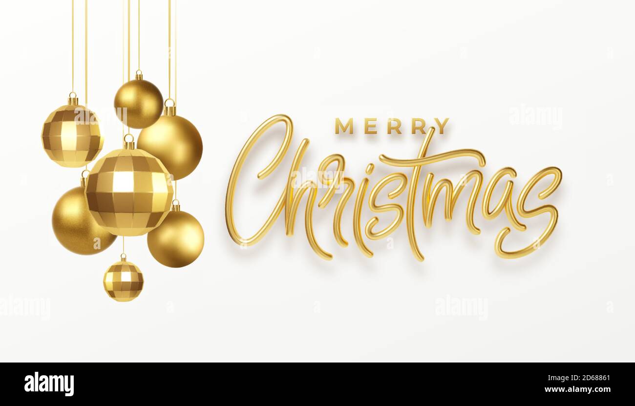 Noël fête calligraphie lettrage carte de voeux avec décorations de noël métalliques dorées isolées sur fond blanc. Illustration vectorielle Illustration de Vecteur