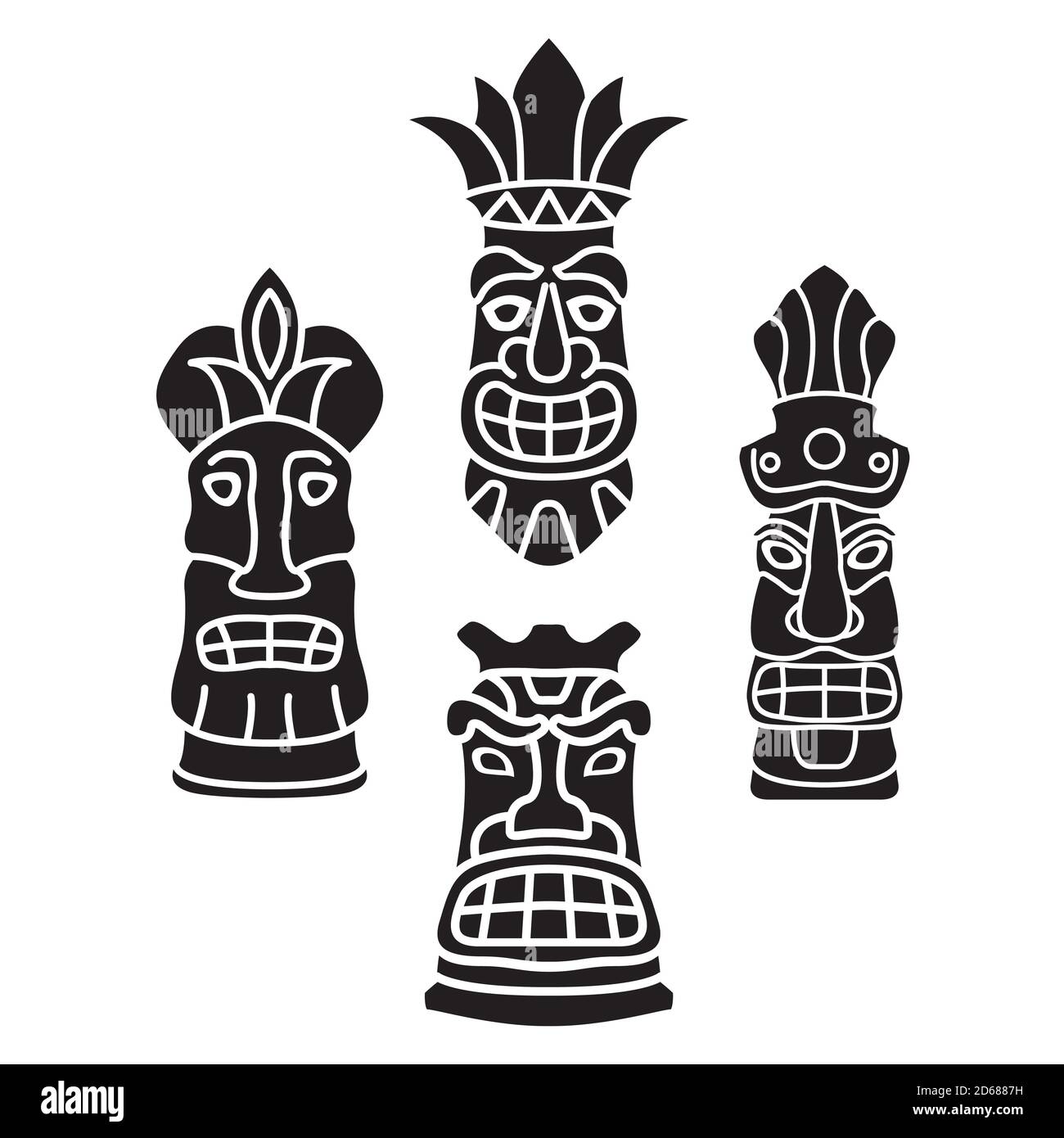 Set polynesian tiki masque silhouette isolée sur fond blanc. Illustration de Vecteur