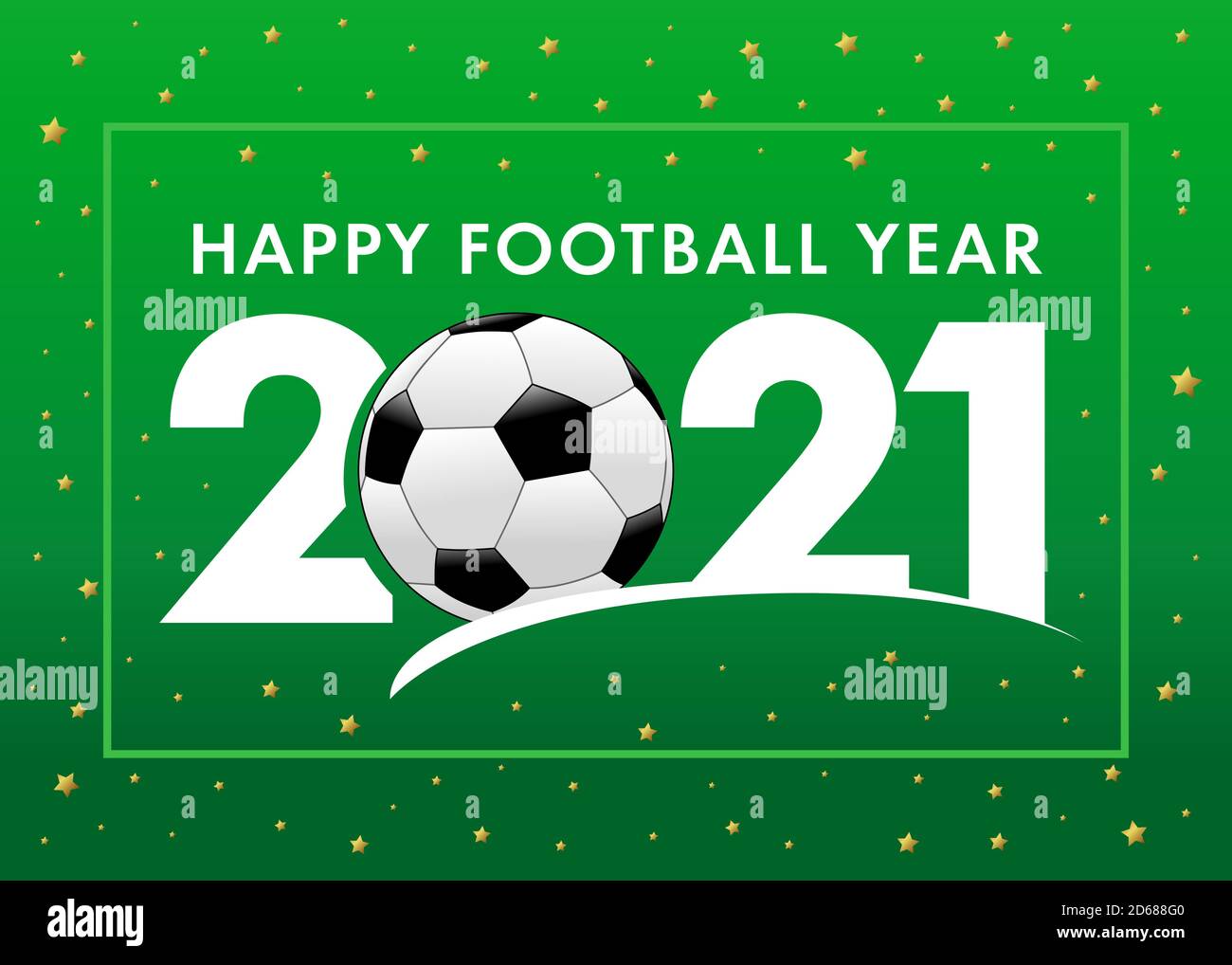 Bonne année du football 2021 avec texte et ballon de football sur fond vert. Illustration vectorielle Merry Christmas avec 2, boule et 21 chiffres, carte d'invitation Illustration de Vecteur
