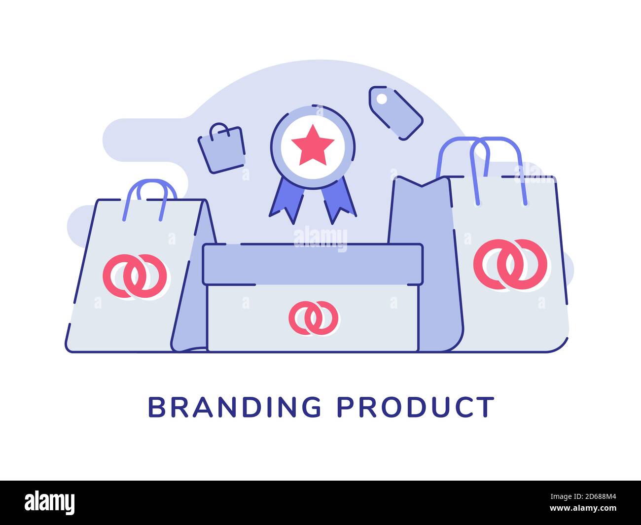 Logo du concept du produit de marquage sur la boîte emballage sac à provisions blanc arrière-plan isolé avec style de contour plat Illustration de Vecteur
