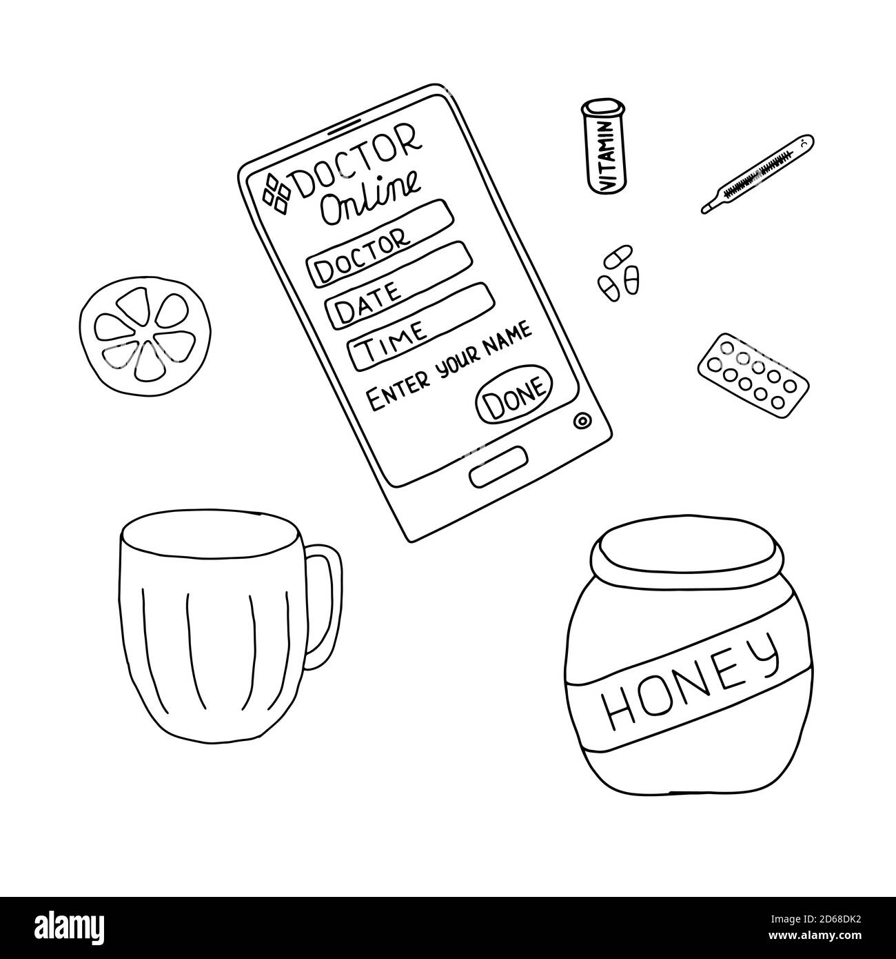 Illustration dessinée à la main, vecteur de la consultation en ligne du médecin, éléments des symptômes de la grippe et des mesures pour prendre des soins, pilules, vitamines, citron, mug, thermomètre, téléphone, miel pot Illustration de Vecteur