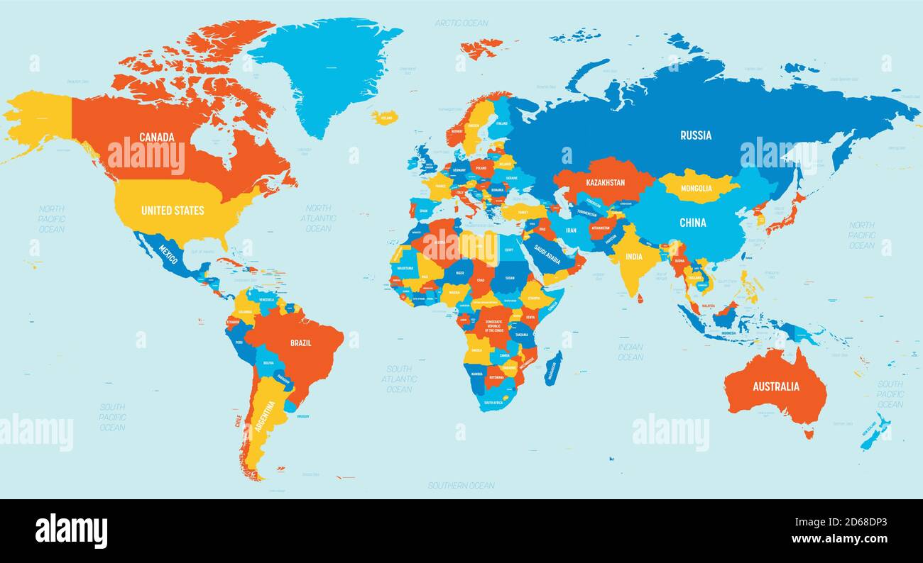 Carte du monde 4 couleurs vives. Carte politique détaillée du monde avec étiquetage des noms