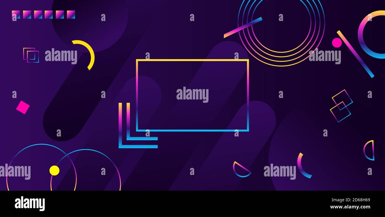 Arrière-plan abstrait dans un style futuriste moderne. Cadre aux formes géométriques chaotiques. Cercles et rayures arc-en-ciel sur fond sombre. Illustration de Vecteur