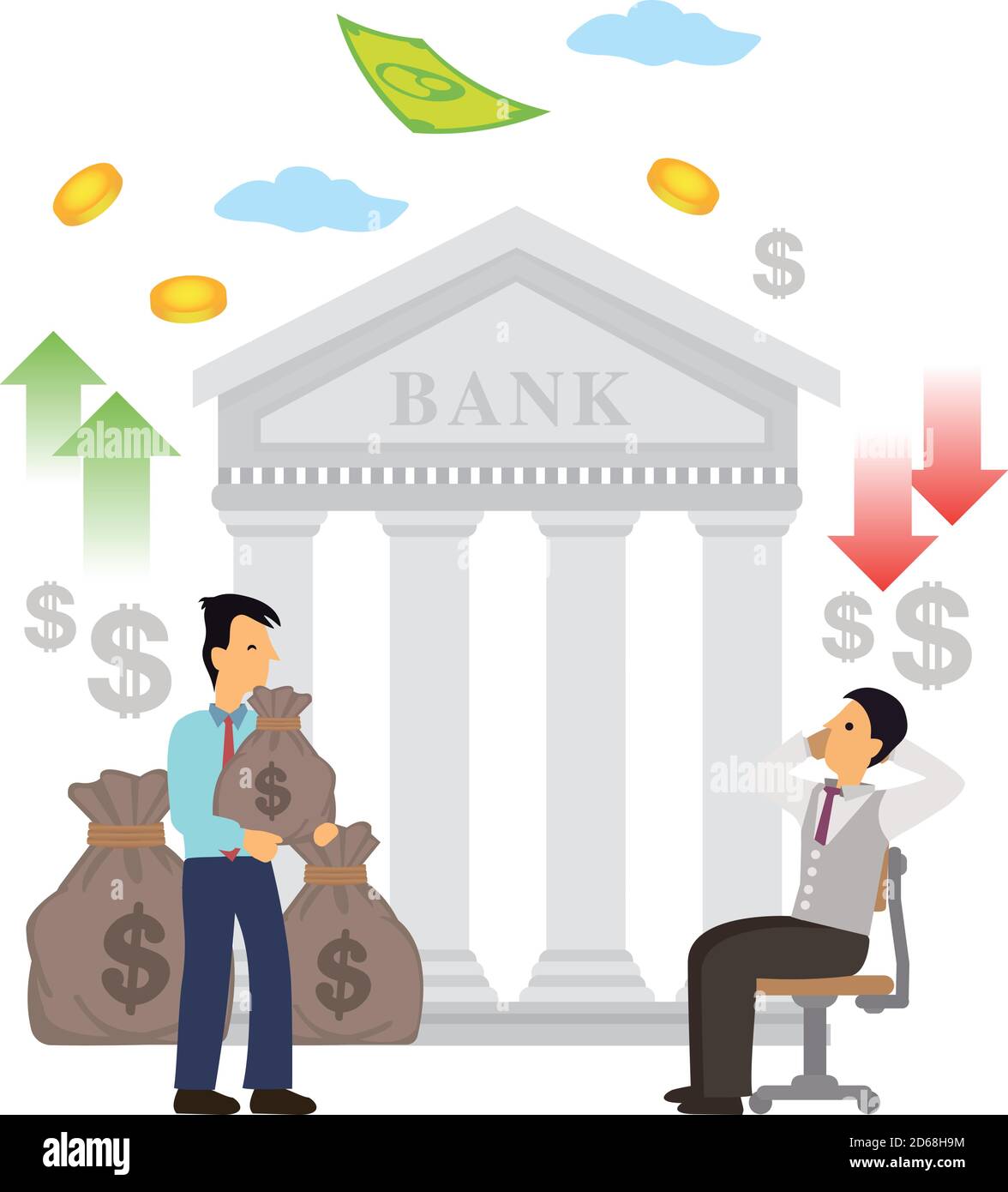 Professionnels utilisant les services bancaires. Paiement bancaire en ligne, transaction, coffre-fort, transferts d'argent d'économie, construction bancaire, services financiers, Vector illus Illustration de Vecteur