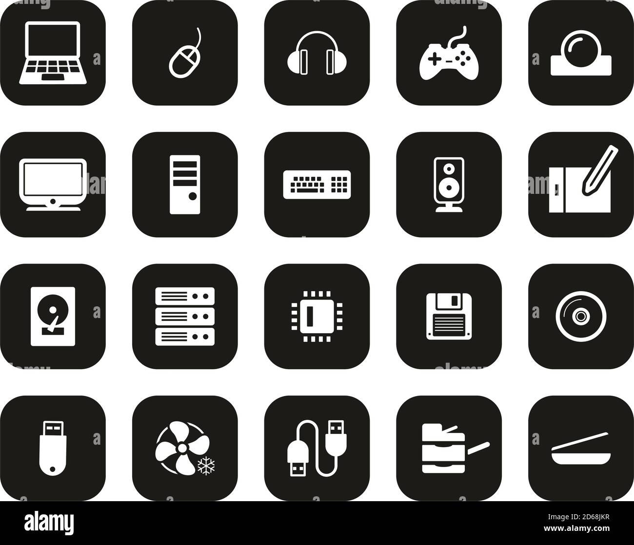 Icônes de matériel informatique blanc sur noir Flat Design Set Big Illustration de Vecteur