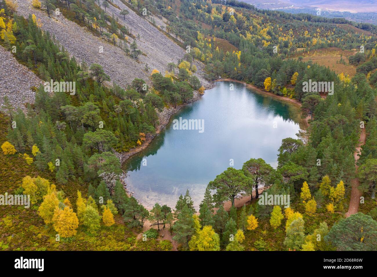 Vue aérienne d'automne d'une Uaine de Lochan (Loch vert) en raison de la couleur verte frappante de son eau dans le parc national de Cairngorms, Écosse, Royaume-Uni Banque D'Images