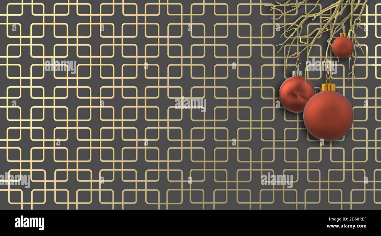 Arrière-plan de Noël luxueux. Boules rouges réalistes sur fond abstrait brillant art déco. Place pour le texte, l'espace de copie, la maquette. Rendu 3D Banque D'Images