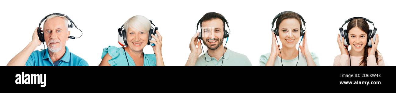 Test auditif, diagnostic auditif, audiométrie. Les personnes de tous âges ont un test auditif avec des écouteurs spéciaux. Audiologie pour toute la famille Banque D'Images
