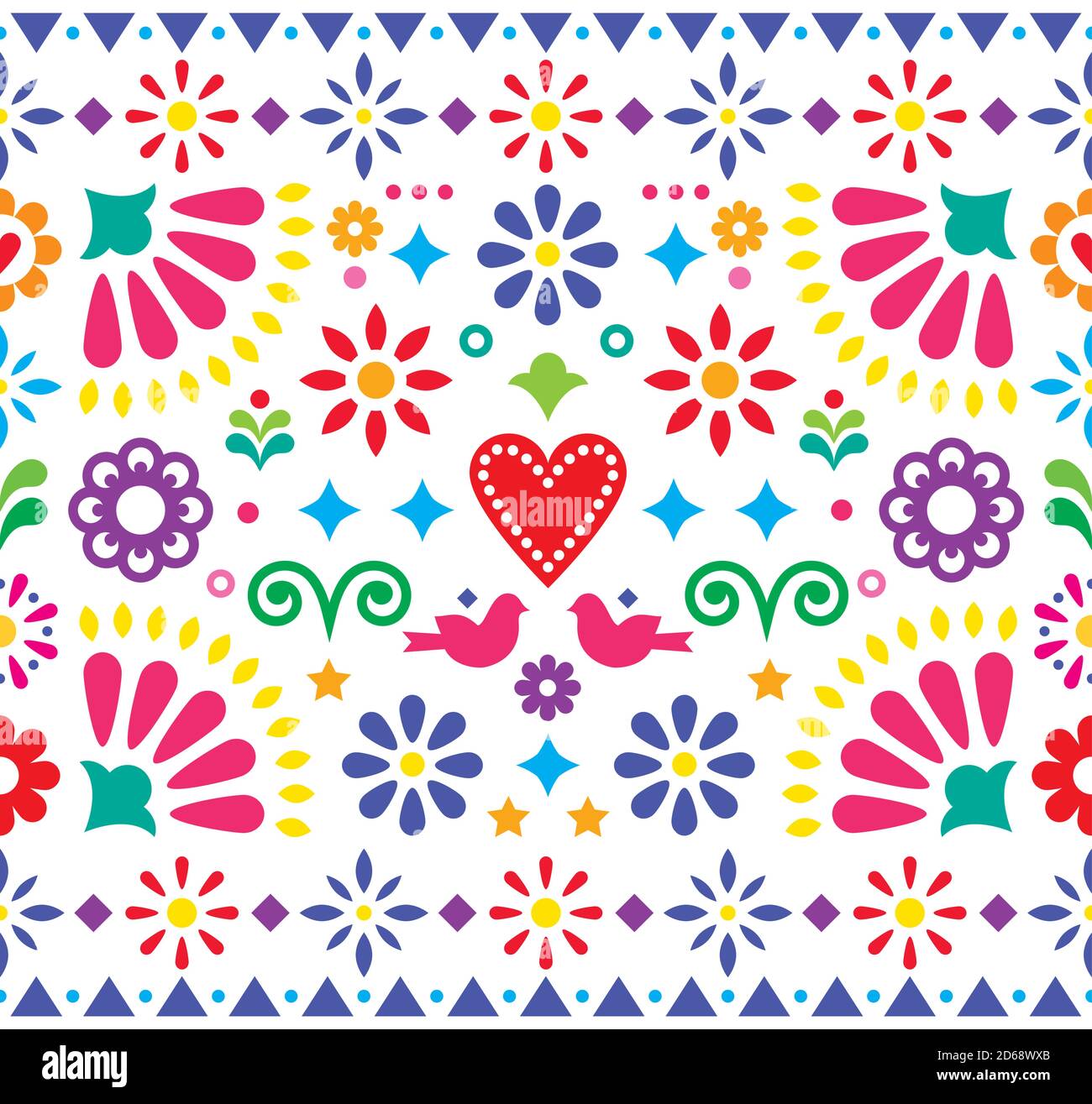 Art folklorique mexicain vibrant sans couture motif vectoriel, design coloré avec des fleurs et des oiseaux inspirés par les ornements traditionnels du Mexique Illustration de Vecteur