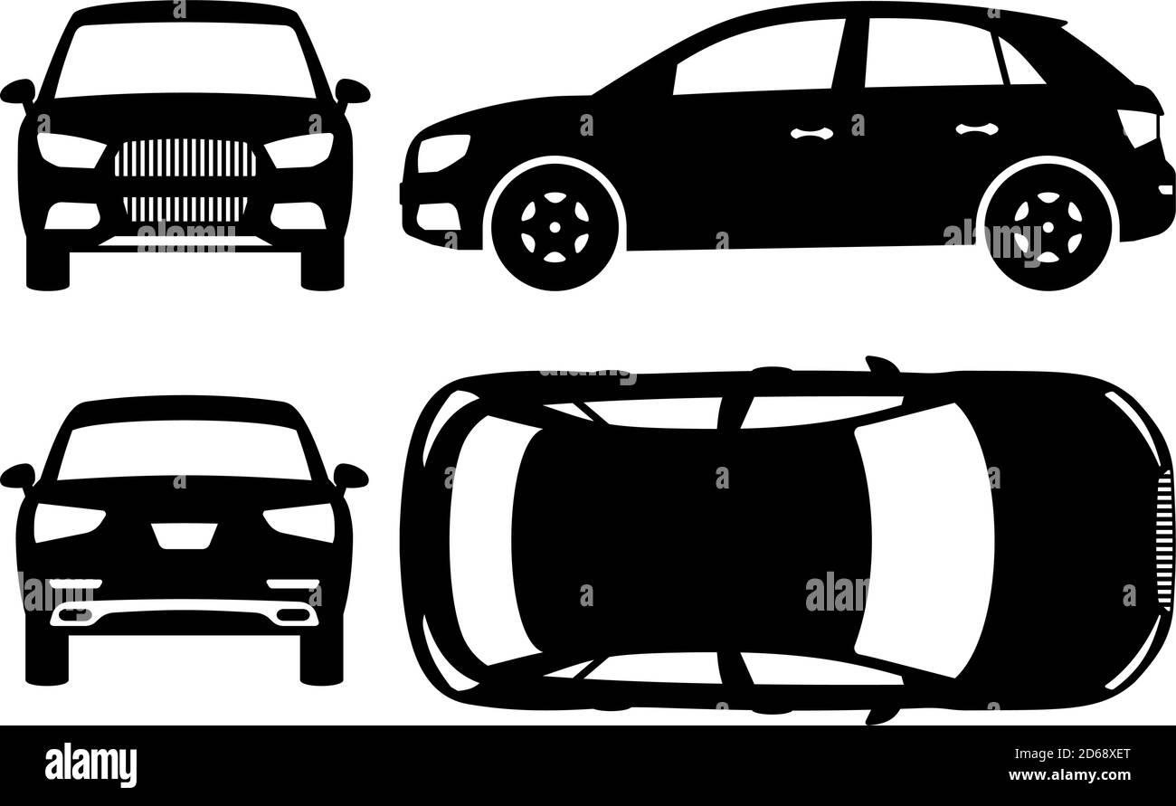 Silhouette de vus sur fond blanc. Les icônes de véhicule définissent la vue latérale, avant, arrière et supérieure Illustration de Vecteur