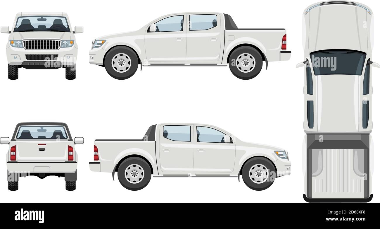 Modèle vectoriel de pick-up blanc avec couleurs simples sans dégradés ni effets. Vue latérale, avant, arrière et supérieure Illustration de Vecteur