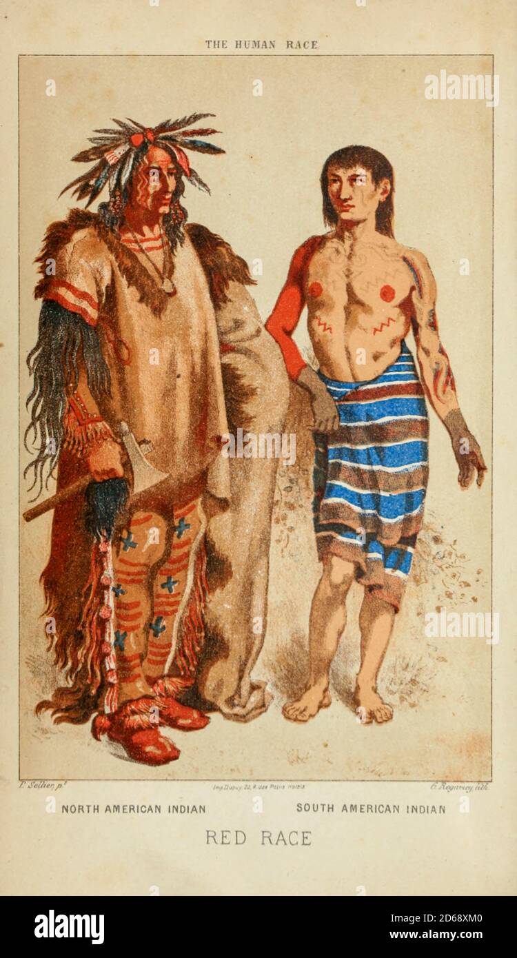 Les Indiens d'Amérique du Nord et d'Amérique du Sud ont peint à la main la gravure sur bois de la race humaine par Figuier, Louis, (1819-1894) publication en 1872 Editeur: New York, Appleton Banque D'Images