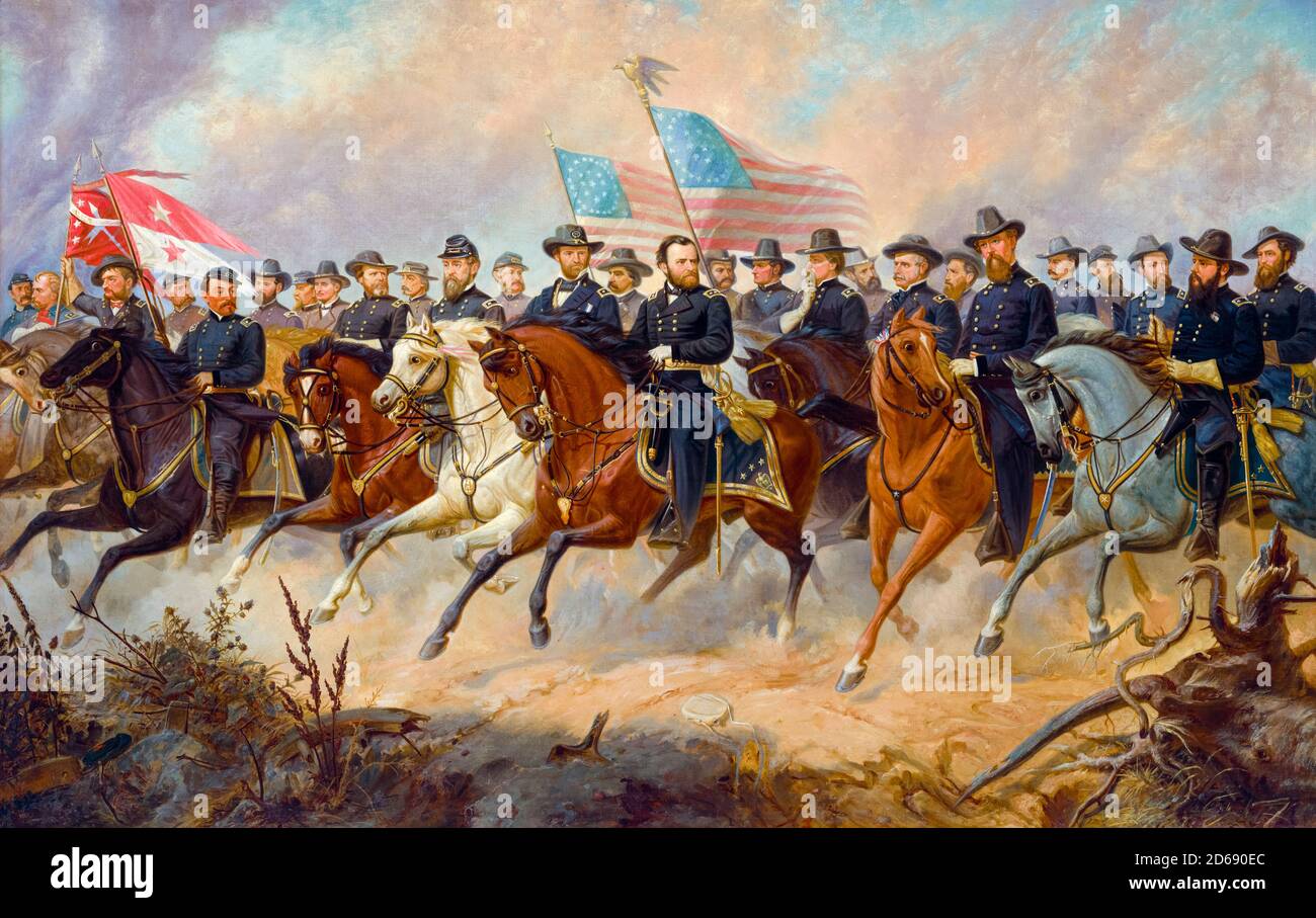 Guerre civile américaine : Commandant de l'armée de l'Union Ulysses S Grant et ses généraux, portrait équestre peint par Ole Peter Hansen Balling, vers 1865 Banque D'Images