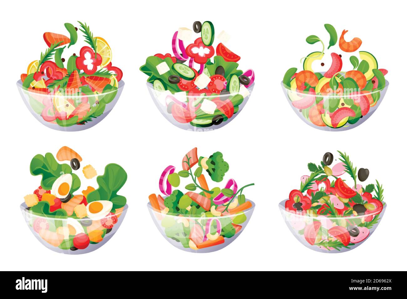 Salades vertes de légumes dans un bol en verre. Illustration de dessin  animé à plan vectoriel. Cuisine saine recettes végétariennes éléments de  conception. Dîner ou déjeuner, isol Image Vectorielle Stock - Alamy