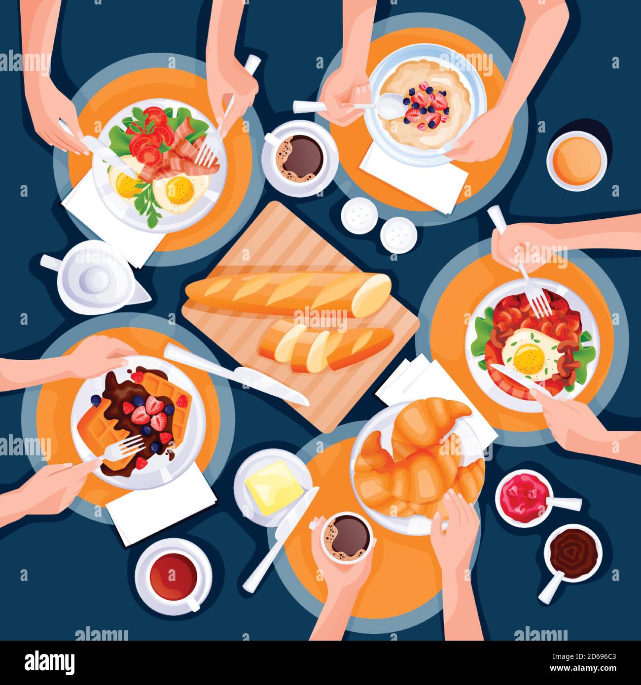 Les gens ont le petit déjeuner. Vue de dessus, dessin animé plat, illustration du repas du brunch. Œufs, café, gaufres, porridge aux flocons d'avoine, croissant et tasses à thé sur la table. Mo Illustration de Vecteur