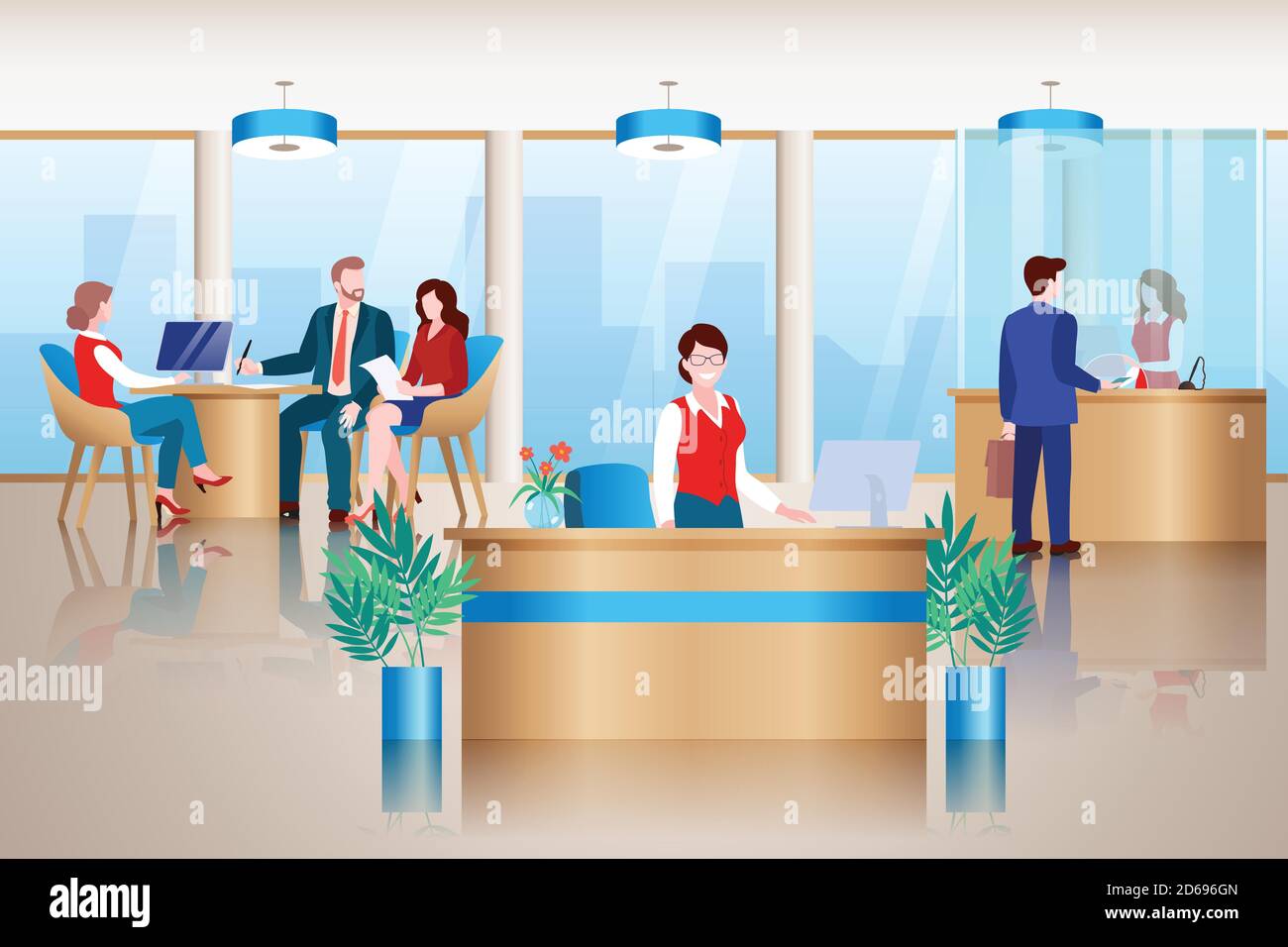 Intérieur du bureau de banque. L'administrateur, les directeurs de banque et les caissiers travaillent avec les clients. Service bancaire, paiements de prêts et transactions financières. V Illustration de Vecteur Intérieur du bureau de banque. L'administrateur, les directeurs de banque et les caissiers travaillent avec les clients. Service bancaire, paiements de prêts et transactions financières. V Illustration de Vecteur