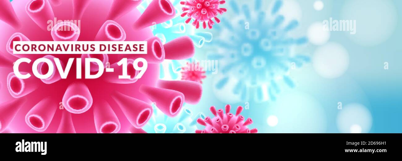 Coronavirus horizontal bleu bannière arrière-plan avec espace de copie. COVID-19 concept d'infection et d'épidémie. Illustration de virus abstraits 3D vectoriels. Affiche Illustration de Vecteur