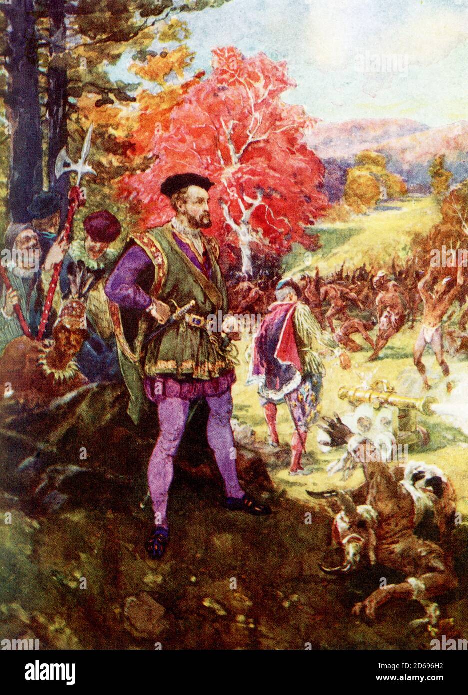 Cette illustration de Jacques Cartier et des Indiens date de 1917. En 1534, l'explorateur français Jacques Cartier arrive dans ce qui est maintenant le Québec. Il a rencontré une tribu autochtone locale, et après avoir passé un été avec eux, il s'est rendu compte qu'il devait prouver au roi de France qu'il avait pris contact. Il a ensuite enlevé les deux fils adolescents du chef pour les ramener en France Jacques Cartier (1491-1557) était un explorateur breton qui a revendiqué ce qui est maintenant le Canada pour la France et a été le premier européen à décrire et à cartographier le golfe du Saint-Laurent et les rives du Saint Fleuve Lawrence. Cartier est considéré comme un Cana Banque D'Images