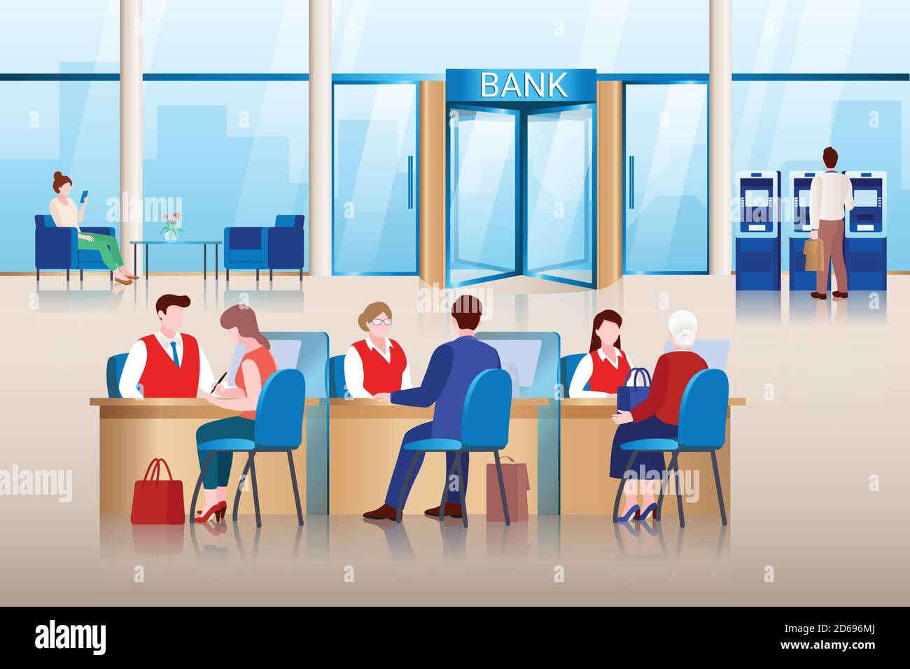 Bureau de banque intérieur moderne. Les gestionnaires de banque consultent les clients, approuvent les prêts et effectuent des opérations financières. Concept de service client bancaire. Vecteur bu Illustration de Vecteur Bureau de banque intérieur moderne. Les gestionnaires de banque consultent les clients, approuvent les prêts et effectuent des opérations financières. Concept de service client bancaire. Vecteur bu Illustration de Vecteur