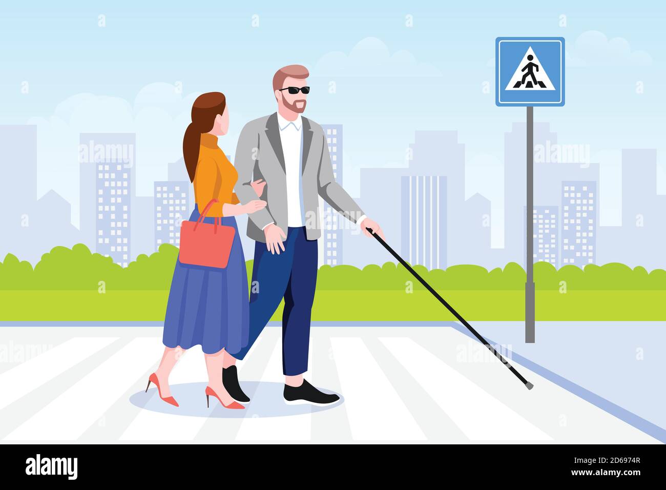 Une jeune femme aide un homme aveugle avec le bâton à traverser la route. Prendre soin des personnes handicapées. Illustration de dessin animé à plan vectoriel. Soutien social Illustration de Vecteur