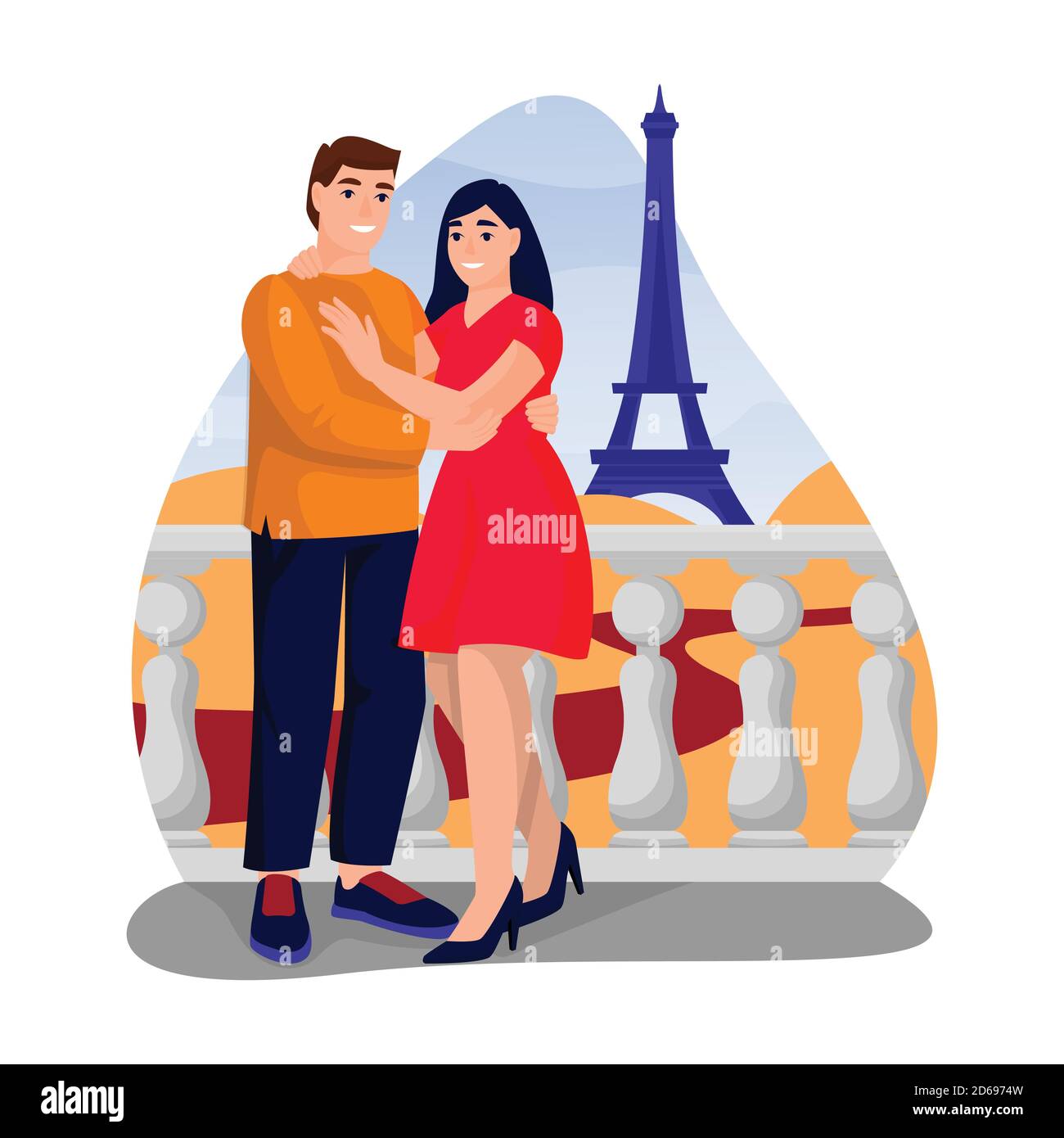 Un jeune couple heureux a une lune de miel romantique à Paris. Illustration d'un dessin animé à plat vectoriel de l'engagement ou de la date du jour de la Saint-Valentin. Femme et homme amoureux, Illustration de Vecteur