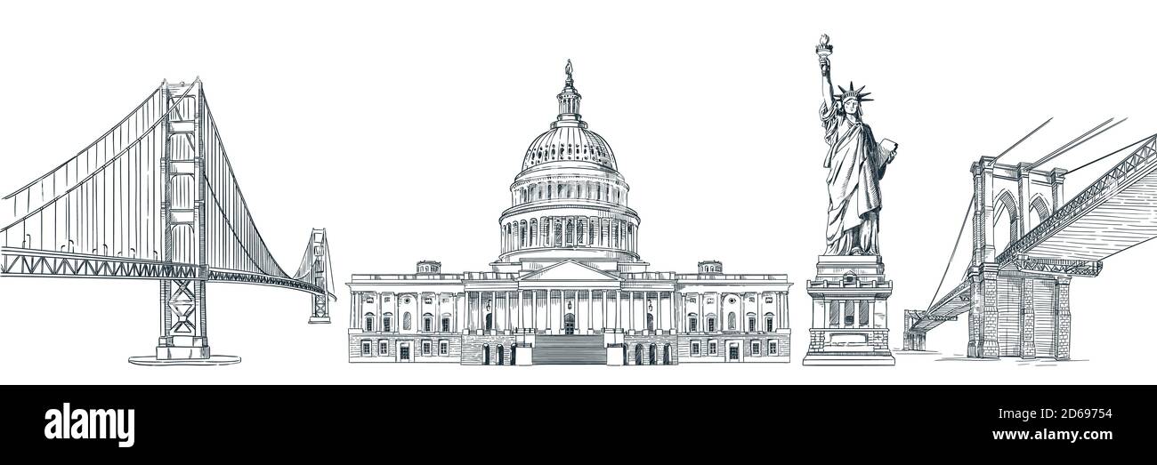 Voyage aux Etats-Unis éléments de design dessinés à la main. Illustration vectorielle de la Statue de la liberté, du Capitole, du pont de Brooklyn et du Golden Gate Bridge. États-Unis Illustration de Vecteur