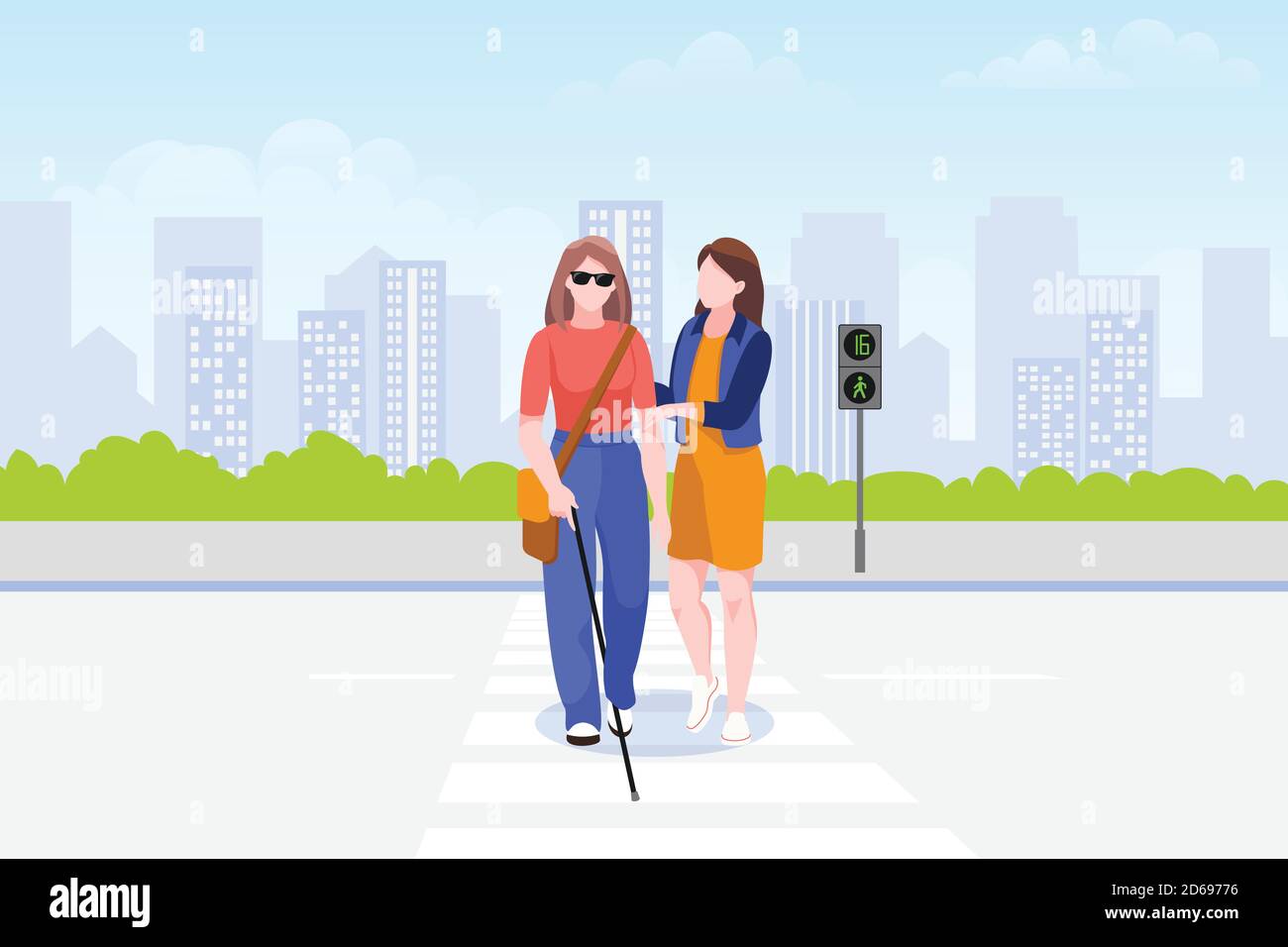 Une jeune femme aide une femme aveugle avec le bâton à traverser la route. Prendre soin des personnes handicapées. Illustration de dessin animé à plan vectoriel. Dîner social Illustration de Vecteur