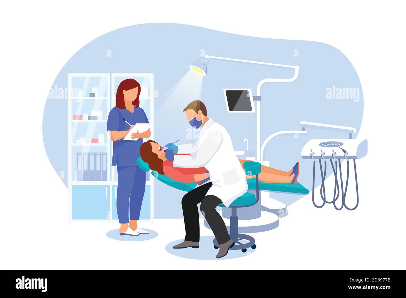 Le dentiste et le médecin examine un patient en chaise de dentiste. Une femme visite un orthodontiste au bureau moderne de la clinique dentaire. Vecteur plat dessin animé illus Illustration de Vecteur