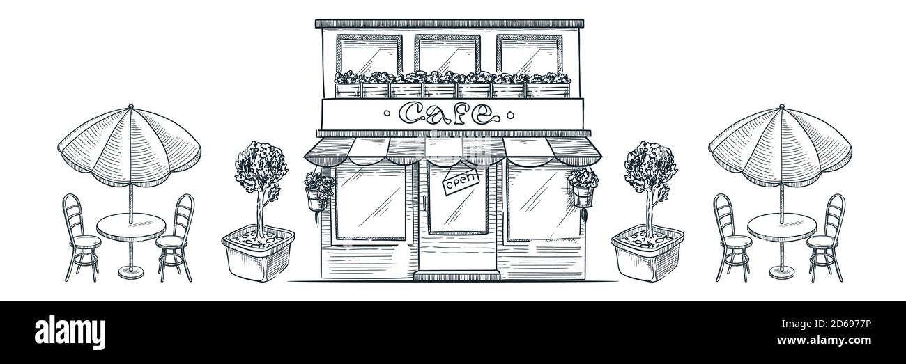 Rue café, magasin ou bâtiment de boulangerie. Illustration vectorielle du restaurant italien, table avec parasol et chaises. Paris cafétéria tirée à la main des Illustration de Vecteur Rue café, magasin ou bâtiment de boulangerie. Illustration vectorielle du restaurant italien, table avec parasol et chaises. Paris cafétéria tirée à la main des Illustration de Vecteur