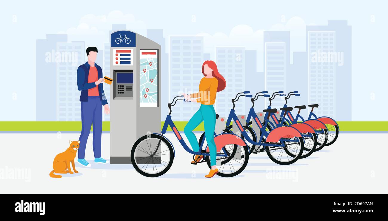 Ville publique de partage de vélos d'affaires, illustration vectorielle plate. L'homme et la femme paient pour la location de vélos. Concept de système de location de vélos automatisé moderne. Illustration de Vecteur