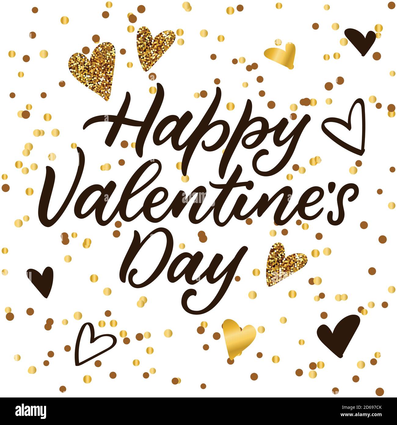 Joyeux Saint Valentin lettre de calligraphie, noir et coeur doré décoration. Illustration vectorielle. Bannière moderne de luxe, affiche, invitation bac blanc Illustration de Vecteur