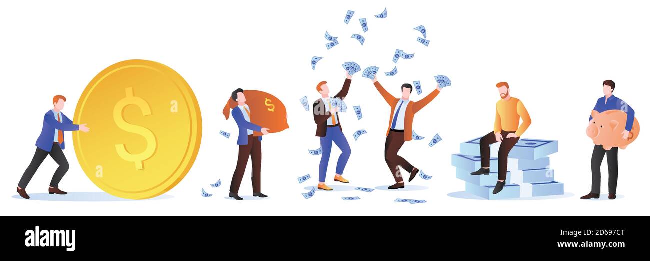 Des hommes riches avec de l'argent. Homme d'affaires avec des dollars, sac d'argent, pièces d'or et banque de piggy. Illustration vectorielle. Richesse, investissement et succès de conception el Illustration de Vecteur