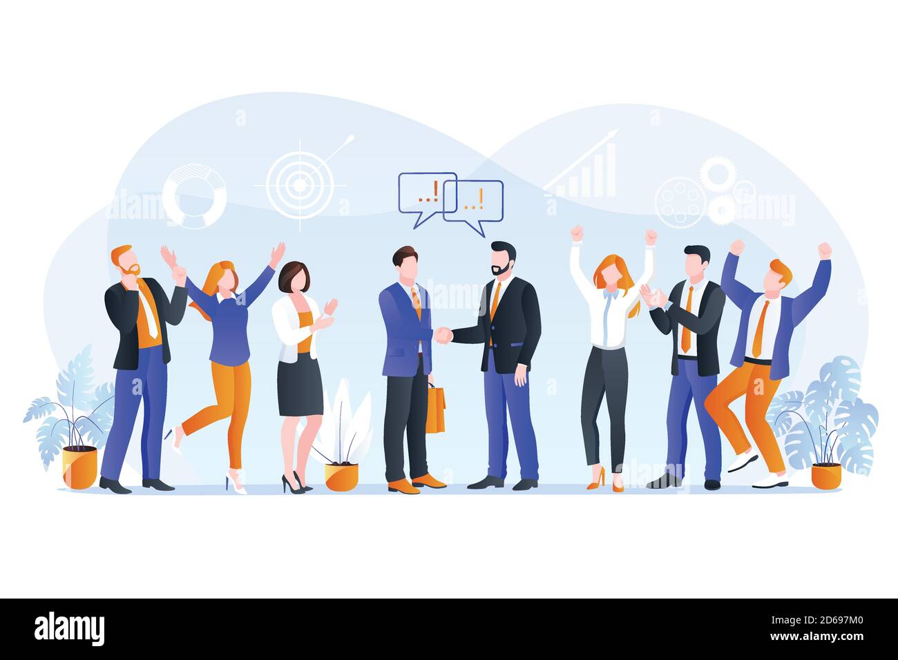 Partenariat, coopération d'équipe ou concept de contrat commercial. Illustration de dessin animé à plan vectoriel. Le PDG et le chef de projet font affaire et secouent la ha Illustration de Vecteur