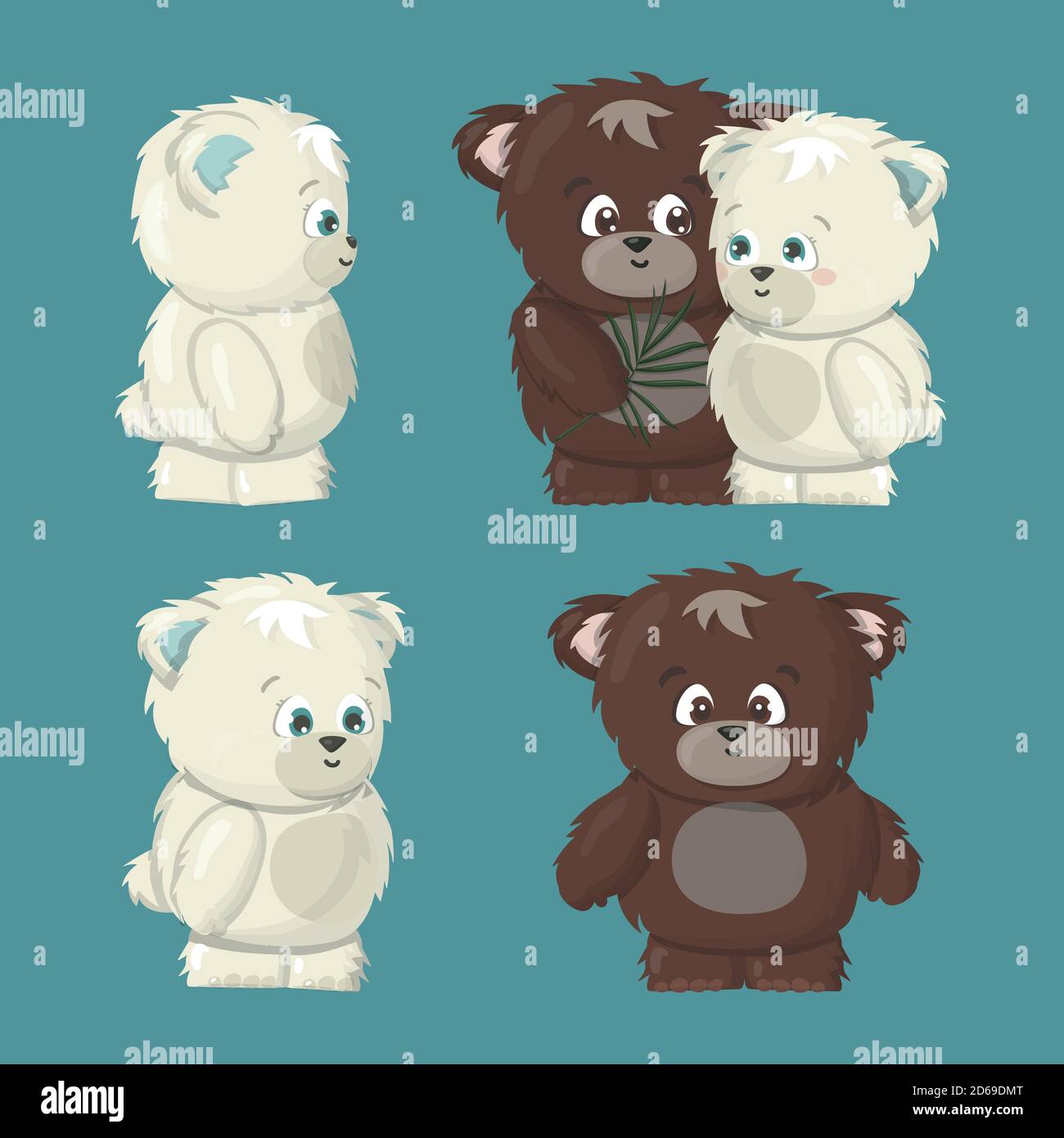 blanc polaire et brun grizzly souriant heureux ours poses ensemble sont en amour dessin animé vecteur illustration isolée sur fond bleu. Grizzli mâle mak Illustration de Vecteur
