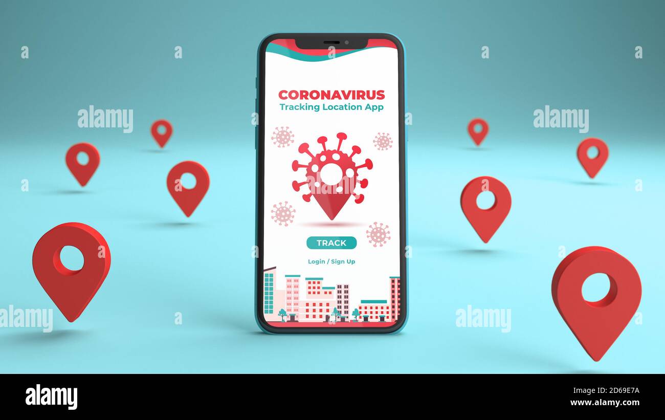 Maquette de téléphone avec une application de localisation de suivi de coronavirus et quelques épingles de localisation autour. Rendu 3D Banque D'Images