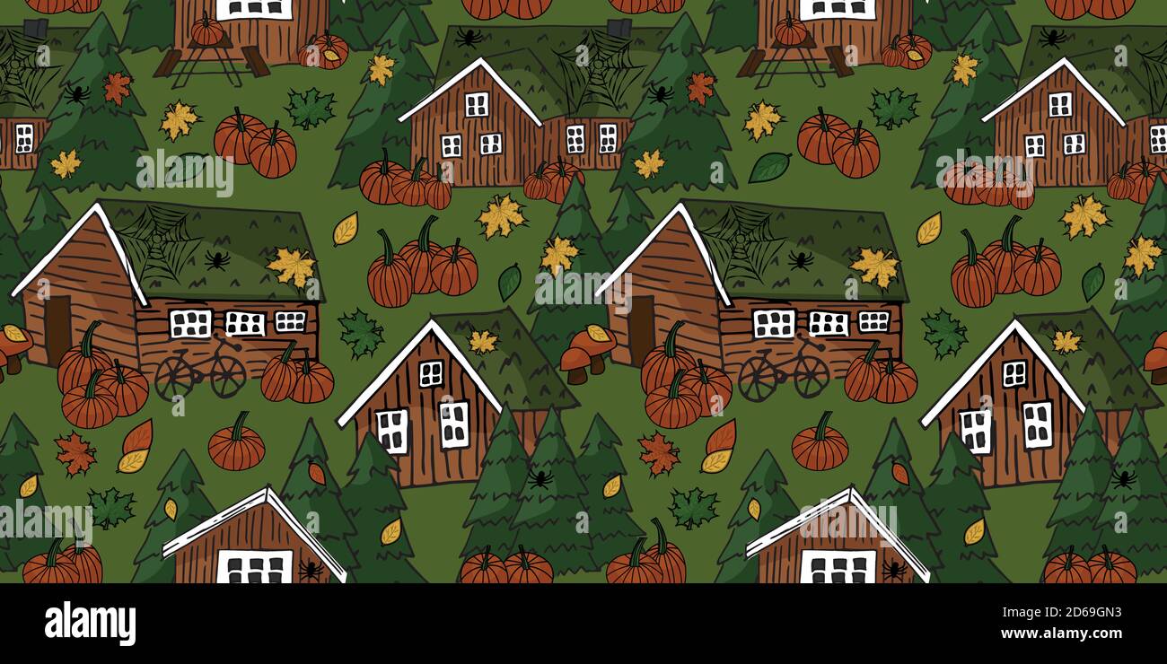 Maisons en bois brun orange scandinave canadien avec herbe sur le fenêtres blanches sur le toit et arbres de noël vector manuscrit répétition sans couture motif w Illustration de Vecteur