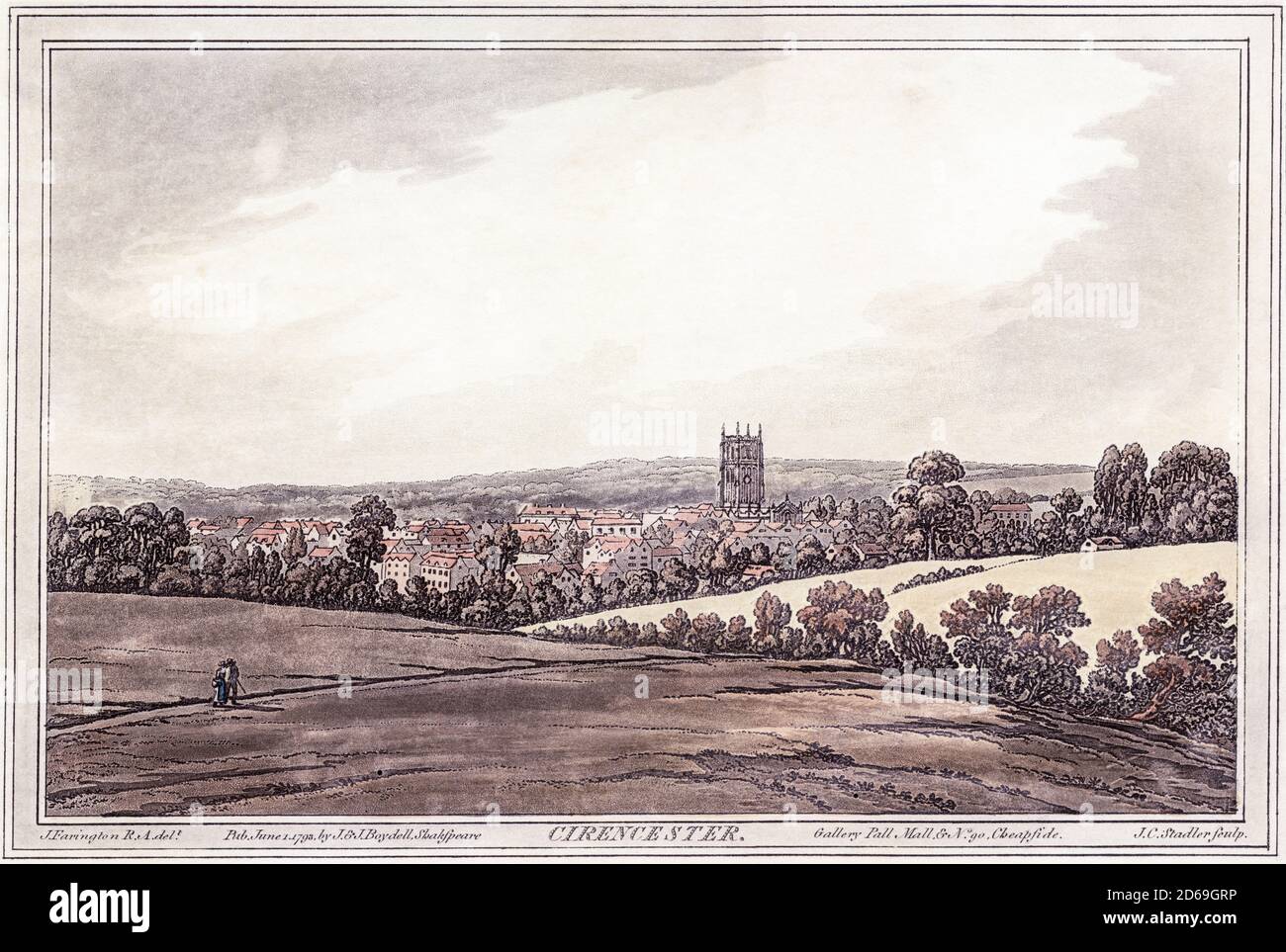 Un aquatint de Cirencester dans le Gloucestershire scanné à haute résolution de l'Histoire de la Tamise par John Boydell imprimé en 1793. Banque D'Images