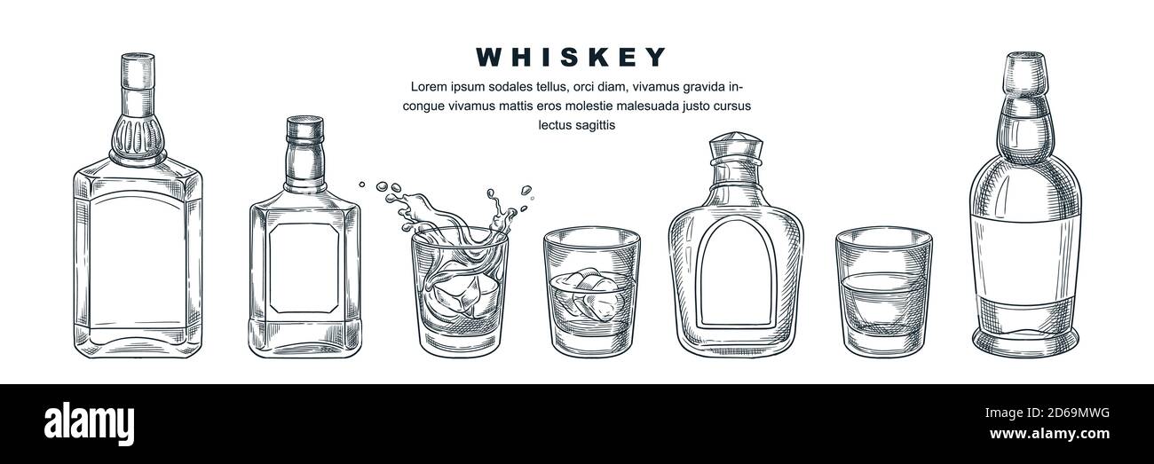 Flacons Whiskey et verre avec boisson et glace, illustration vectorielle. Scotch, brandy ou boissons alcoolisées à base de liqueurs. Éléments de conception de menu à barres, isolat Illustration de Vecteur