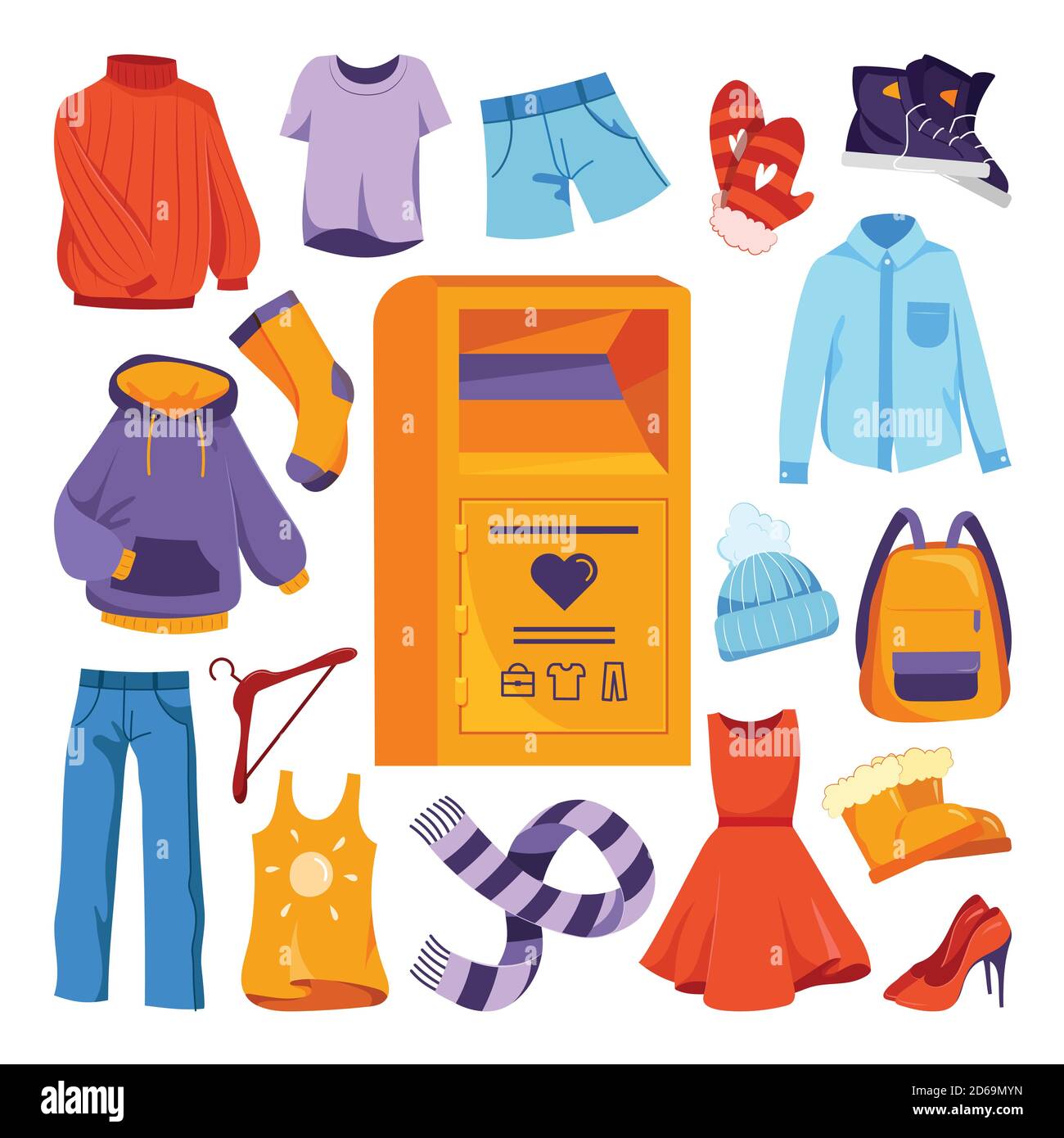 Dons de vêtements éléments de conception. Illustration de dessin animé à plan vectoriel. Boîte à conteneurs municipale pour les dons de vêtements ou de chaussures usagés. Bac urbain pour les socia Illustration de Vecteur