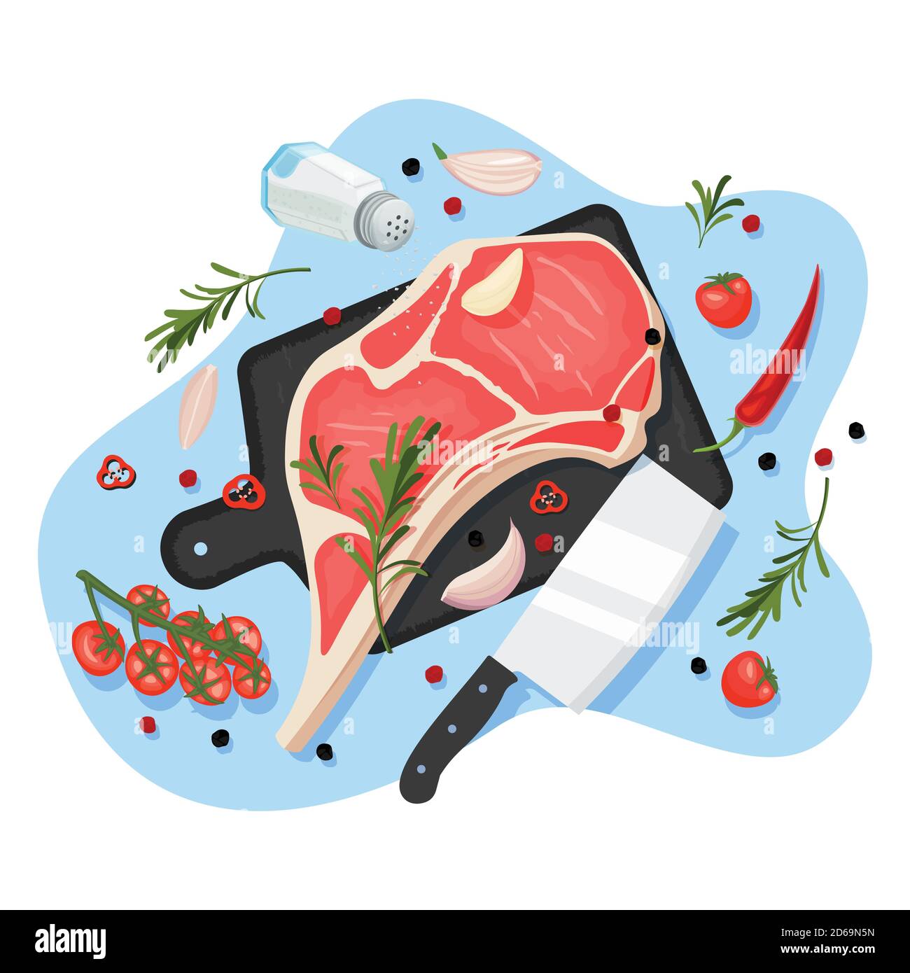 Cuisson du steak de bœuf, dessin animé vectoriel vue du dessus. Planche à découper en graphite noir avec filet de porc cru sur os, épices et ingrédients sur b blanc Illustration de Vecteur