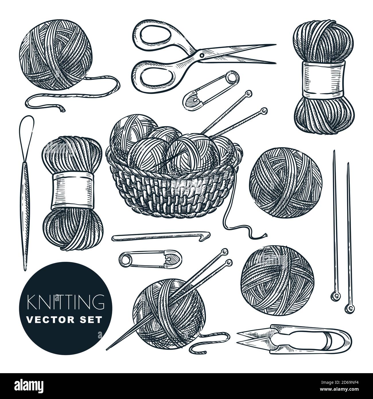 Outils de tricotage et jeu de fils de laine, isolés sur fond blanc. Illustration d'esquisse vectorielle dessinée à la main. Éléments de conception artisanaux et à la main. Illustration de Vecteur