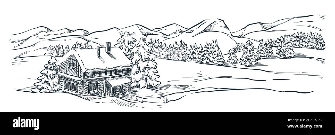 Maison de station de ski en bois dans les montagnes enneigées d'hiver. Paysage de montagnes, d'épinettes et de pins, illustration d'esquisse vectorielle. Collines d'hiver dessinées à la main et Illustration de Vecteur