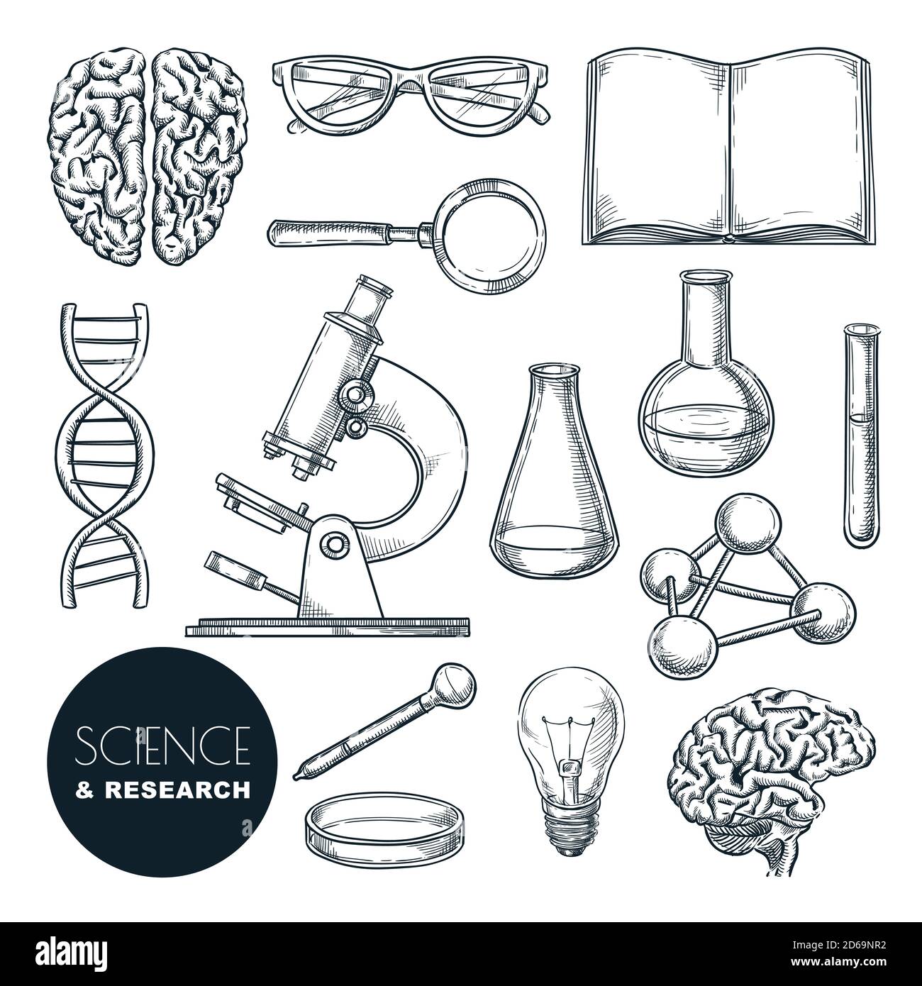 Laboratoire scientifique et recherche en chimie croquis illustration vectorielle. Ensemble isolé d'icônes d'éducation dessinées à la main. Cerveau humain, adn et matériel de laboratoire coll Illustration de Vecteur