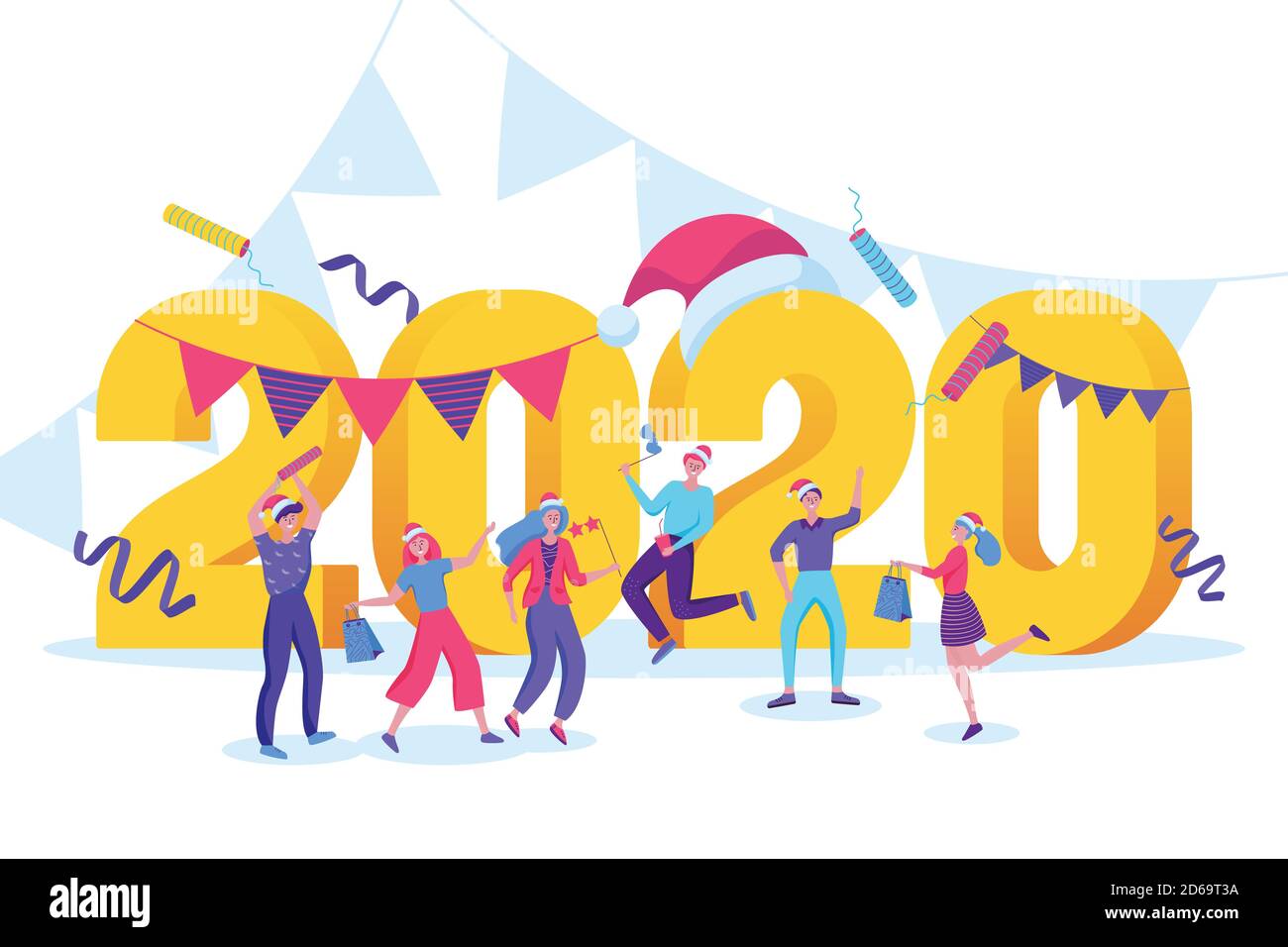 Carte de vœux du nouvel an 2020. Illustration de dessin animé vectoriel plat, isolée sur fond blanc. Jeunes heureux en chapeaux de père noël célébrant le calamar d'hiver Illustration de Vecteur
