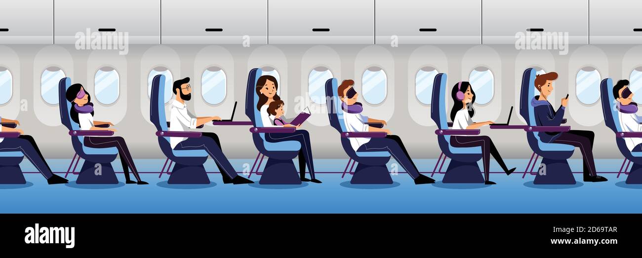 Intérieur de l'avion avec passagers en voyage, fond horizontal transparent. Les gens voyagent en avion en classe économique. Illustration de dessin animé à plan vectoriel Illustration de Vecteur