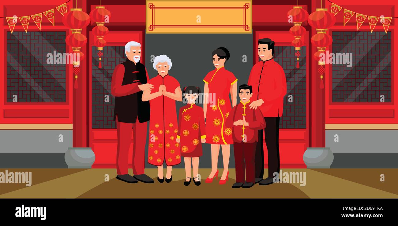 Bonne famille célébrant le nouvel an lunaire chinois. Illustration de dessin animé à plan vectoriel. Éléments de design de fêtes traditionnelles orientales pour bannières, affiches ou Illustration de Vecteur