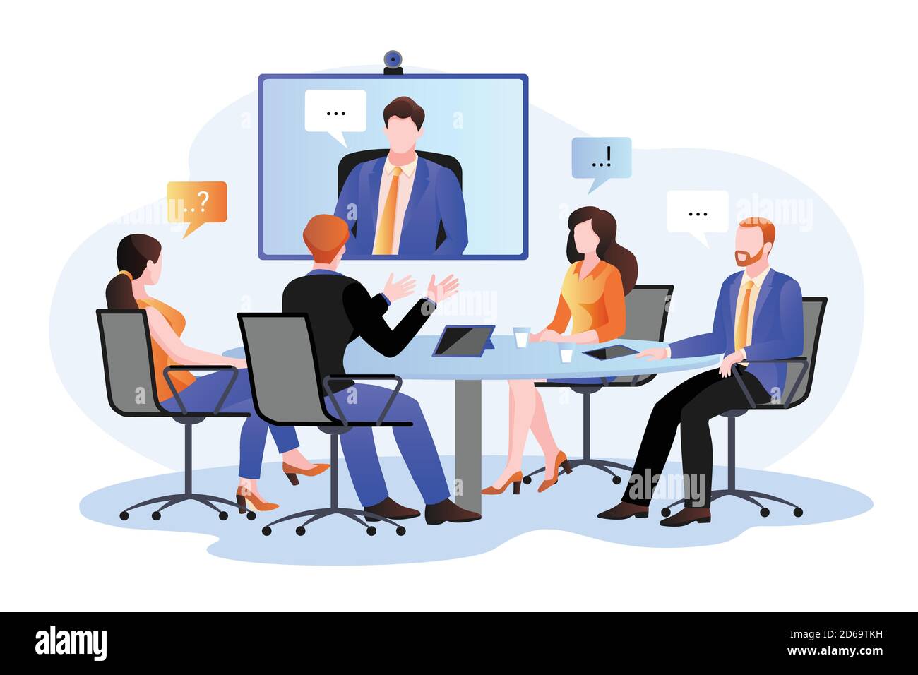 Équipe d'affaires à la vidéoconférence dans la salle de réunion. Illustration de dessin animé à plan vectoriel. Réunion en ligne avec le PDG, le directeur ou le directeur. Consultation d'un Illustration de Vecteur