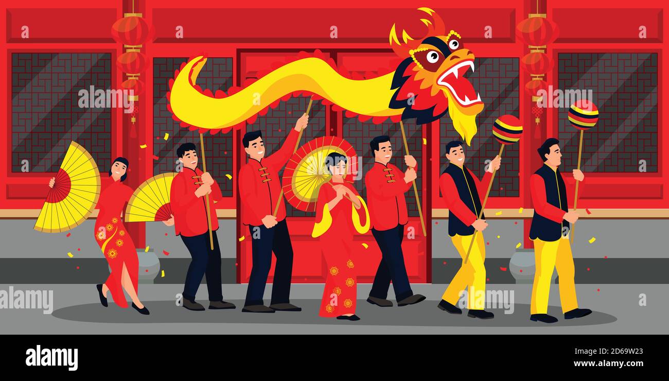 Des gens heureux célébrant le nouvel an lunaire chinois. Illustration de dessin animé à plan vectoriel. Parade de vacances en chine avec dragon, lanternes et danses. Orie Illustration de Vecteur