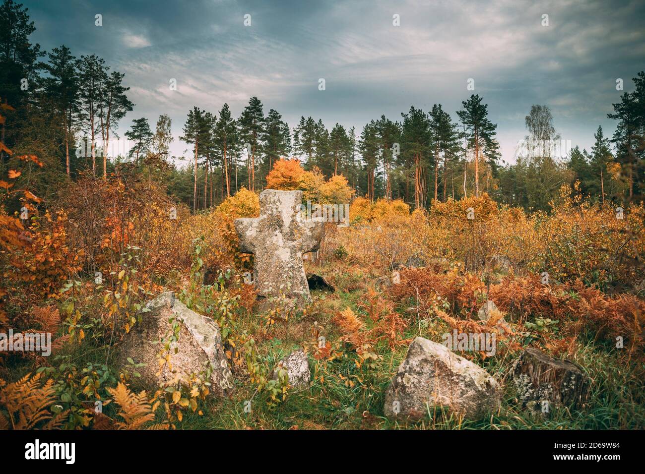 Babtsy, région de Vitebsk, en Biélorussie. Vieille croix de pierre dans l'ancien cimetière. Banque D'Images